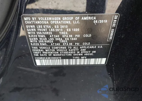 2019 Volkswagen Atlas 3.6L V6 Sel R-Line z USA, uszkodzony, nr VIN 1V2SR2CA3KC600378